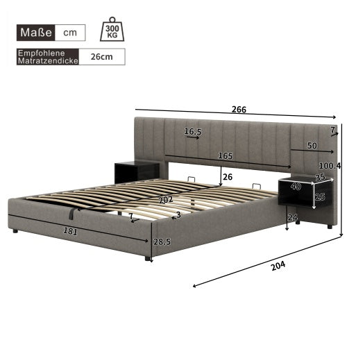 Polsterbett 180x200 cm mit hydraulischem Bettkasten & 2 Nachttischen