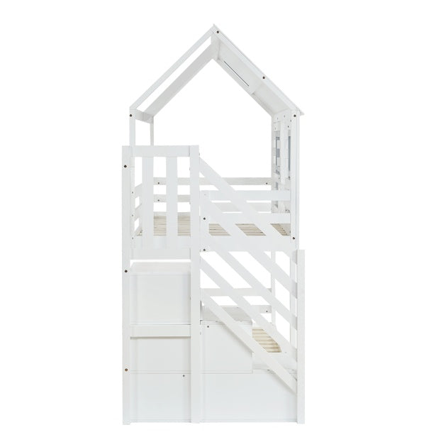 Etagenbett für Kinder 90x200 cm – mit Dach, Fenster & Stauraumtreppe