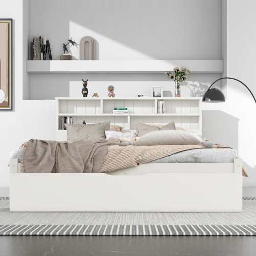 Massivholz Einzelbett 90x200 cm Weiß mit Bücherregal & Schubladen | Stauraumbett