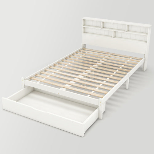 Massivholz Einzelbett 90x200 cm Weiß mit Bücherregal & Schubladen | Stauraumbett