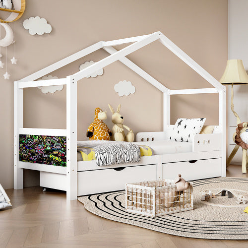 Kinderbett 90x200 cm aus Massivholz – mit Doppelschublade, Absturzsicherung und Lattenrost – Weiß