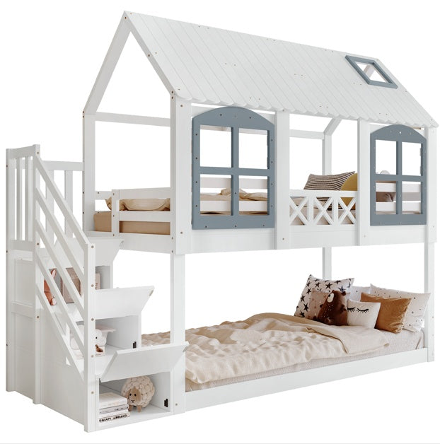 Etagenbett für Kinder 90x200 cm – mit Dach, Fenster & Stauraumtreppe