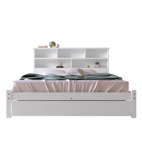 Massivholz Einzelbett 90x200 cm Weiß mit Bücherregal & Schubladen | Stauraumbett