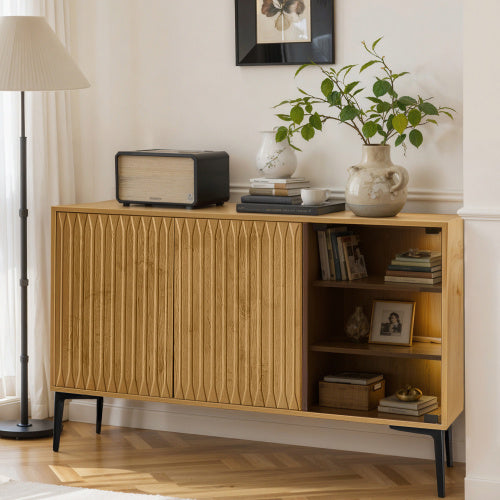 Modernes Sideboard mit LED-Beleuchtung & Glastür –  in Naturholzoptik, 120 cm breit