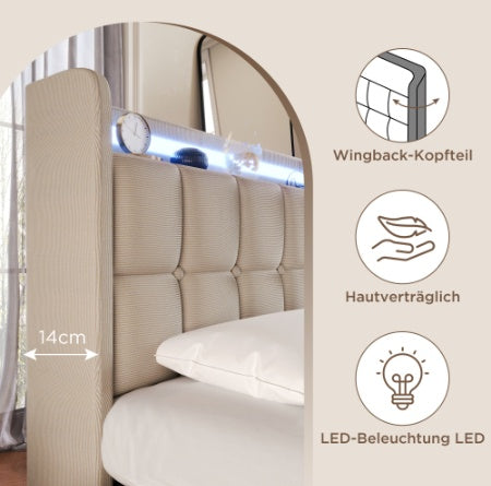 Polsterbett 90x200 cm mit LED, USB & Steckdose – Komfort & Funktion vereint