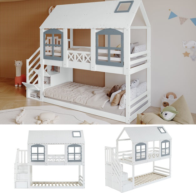 Etagenbett für Kinder 90x200 cm – mit Dach, Fenster & Stauraumtreppe