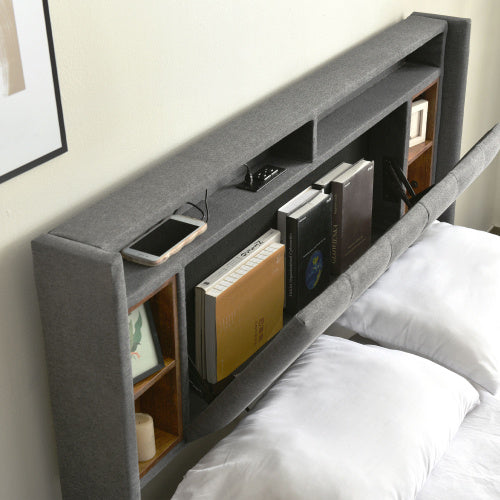 Polsterbett 160x200 cm mit Stauraum, LED-Beleuchtung, USB-Anschlüssen & Steckdosen – Grau