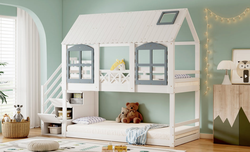 Etagenbett für Kinder 90x200 cm – mit Dach, Fenster & Stauraumtreppe