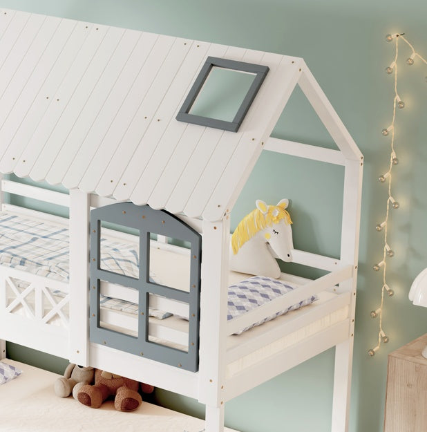 Etagenbett für Kinder 90x200 cm – mit Dach, Fenster & Stauraumtreppe