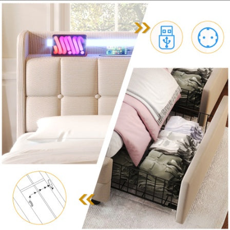 Polsterbett 90x200 cm mit LED, USB & Steckdose – Komfort & Funktion vereint