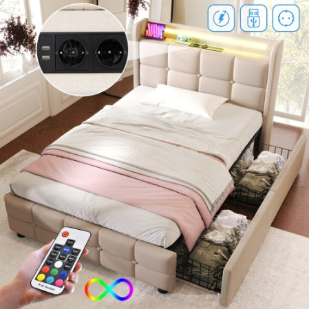 Polsterbett 90x200 cm mit LED, USB & Steckdose – Komfort & Funktion vereint