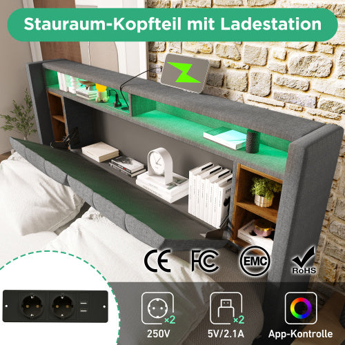 Polsterbett 160x200 cm mit Stauraum, LED-Beleuchtung, USB-Anschlüssen & Steckdosen – Grau