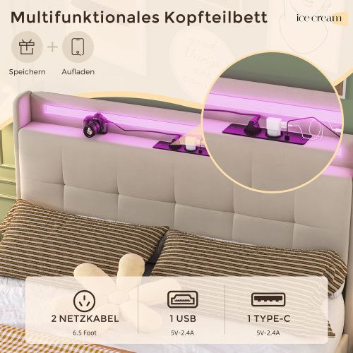 Doppelbett 140x200 cm mit USB-Ladekopfteil, LED-Beleuchtung, Ausziehbett und 2 Schubladen – Polsterbett mit Stauraum, Holzlattenrost, Beige