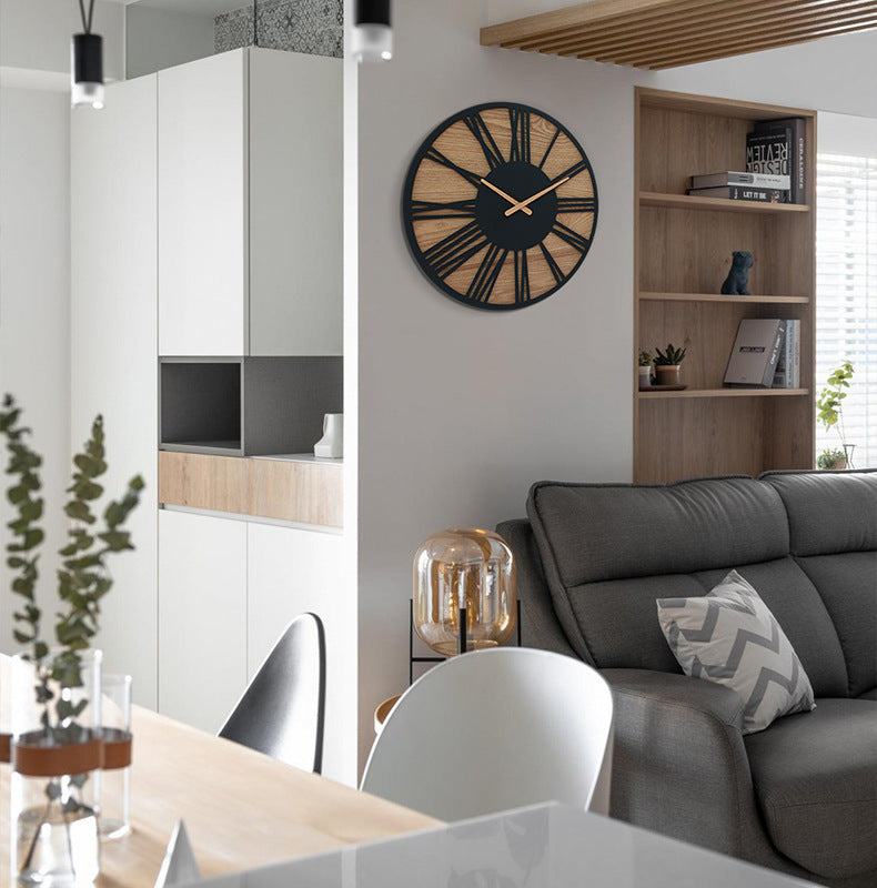 Moderne Retro-Wanduhr aus Holz und Metall – geräuschlos & stilvoll