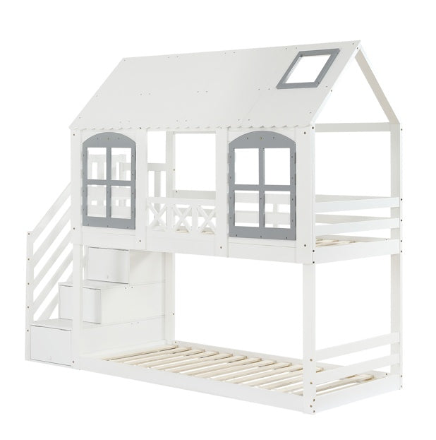 Etagenbett für Kinder 90x200 cm – mit Dach, Fenster & Stauraumtreppe