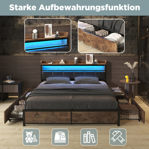 Polsterbett 160x200 cm mit LED-Beleuchtung, Kopfteil & 4 Schubladen