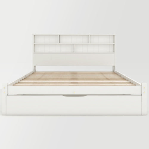 Massivholz Einzelbett 90x200 cm Weiß mit Bücherregal & Schubladen | Stauraumbett