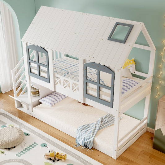Etagenbett für Kinder 90x200 cm – mit Dach, Fenster & Stauraumtreppe