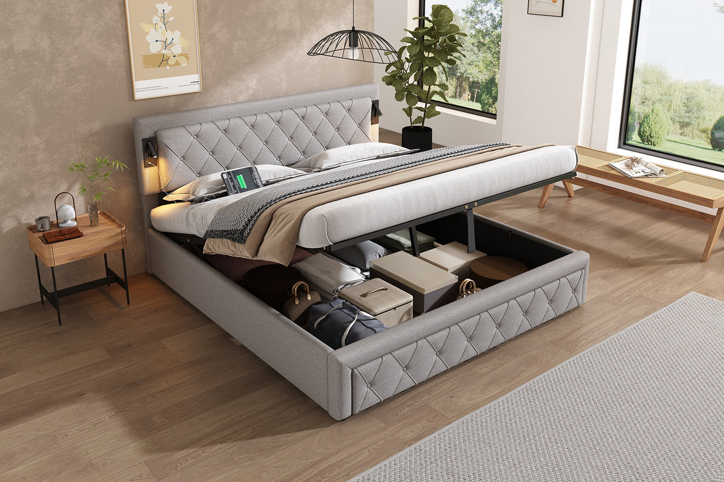 Polsterbett 180×200 cm mit Downlight & USB – Komfort trifft Stauraum