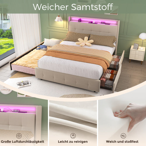 Doppelbett 140x200 cm mit USB-Ladekopfteil, LED-Beleuchtung, Ausziehbett und 2 Schubladen – Polsterbett mit Stauraum, Holzlattenrost, Beige