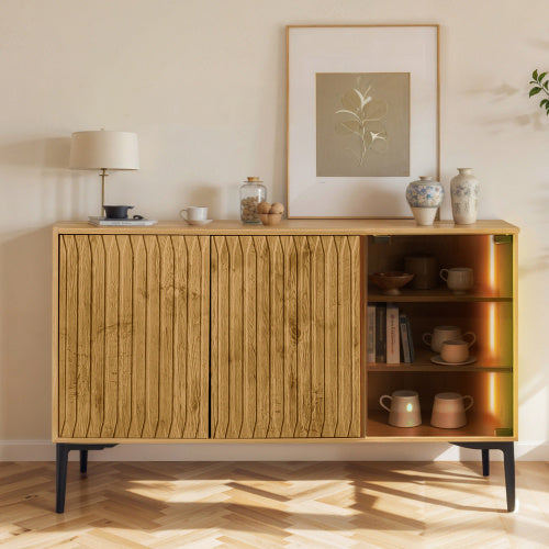 Modernes Sideboard mit LED-Beleuchtung & Glastür –  in Naturholzoptik, 120 cm breit