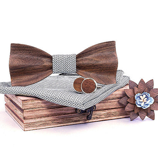 Elegante Holzfliege aus Nussbaum – Set mit Manschettenknöpfen, Einstecktuch, Ansteckblume