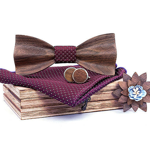Elegante Holzfliege aus Nussbaum – Set mit Manschettenknöpfen, Einstecktuch, Ansteckblume