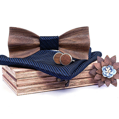 Elegante Holzfliege aus Nussbaum – Set mit Manschettenknöpfen, Einstecktuch, Ansteckblume