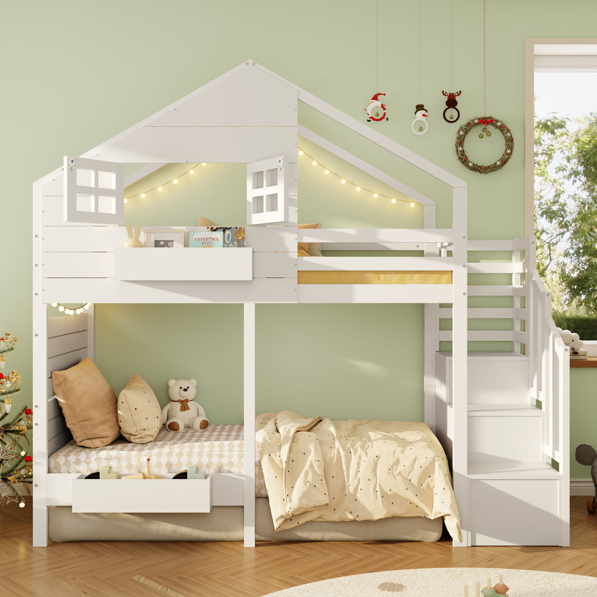 Bunk Bed, Loft Bed, Children's Bed 90x190cm With Fall Protection And Storage Stairs, Youth Bed, With Window, Solid Wood, White