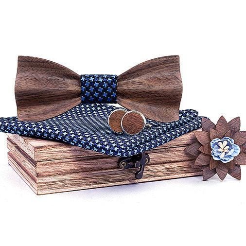 Elegante Holzfliege aus Nussbaum – Set mit Manschettenknöpfen, Einstecktuch, Ansteckblume