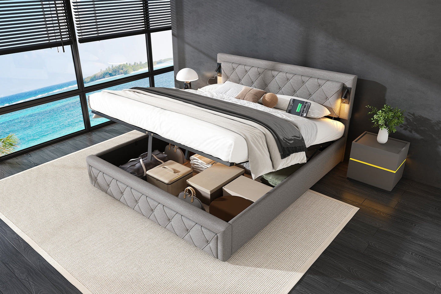Polsterbett 180×200 cm mit Downlight & USB – Komfort trifft Stauraum
