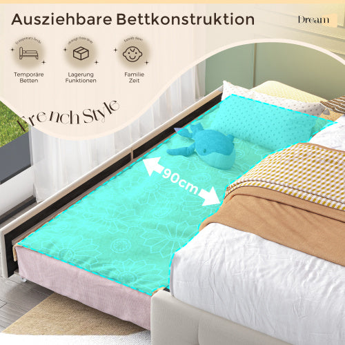 Doppelbett 140x200 cm mit USB-Ladekopfteil, LED-Beleuchtung, Ausziehbett und 2 Schubladen – Polsterbett mit Stauraum, Holzlattenrost, Beige