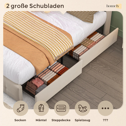 Doppelbett 140x200 cm mit USB-Ladekopfteil, LED-Beleuchtung, Ausziehbett und 2 Schubladen – Polsterbett mit Stauraum, Holzlattenrost, Beige