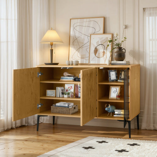 Modernes Sideboard mit LED-Beleuchtung & Glastür –  in Naturholzoptik, 120 cm breit