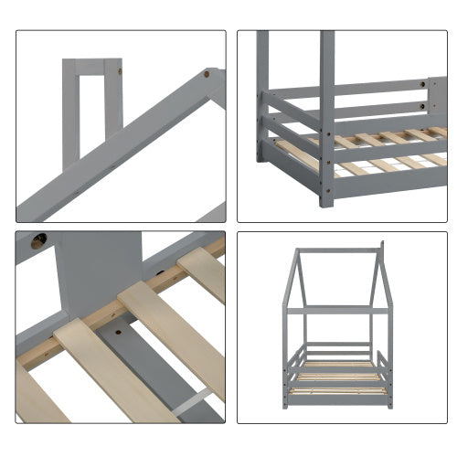Kinderhausbett mit Schornstein, Rausfallschutz & robusten Lattenrosten – Massives Kiefernholz, 90 x 200 cm