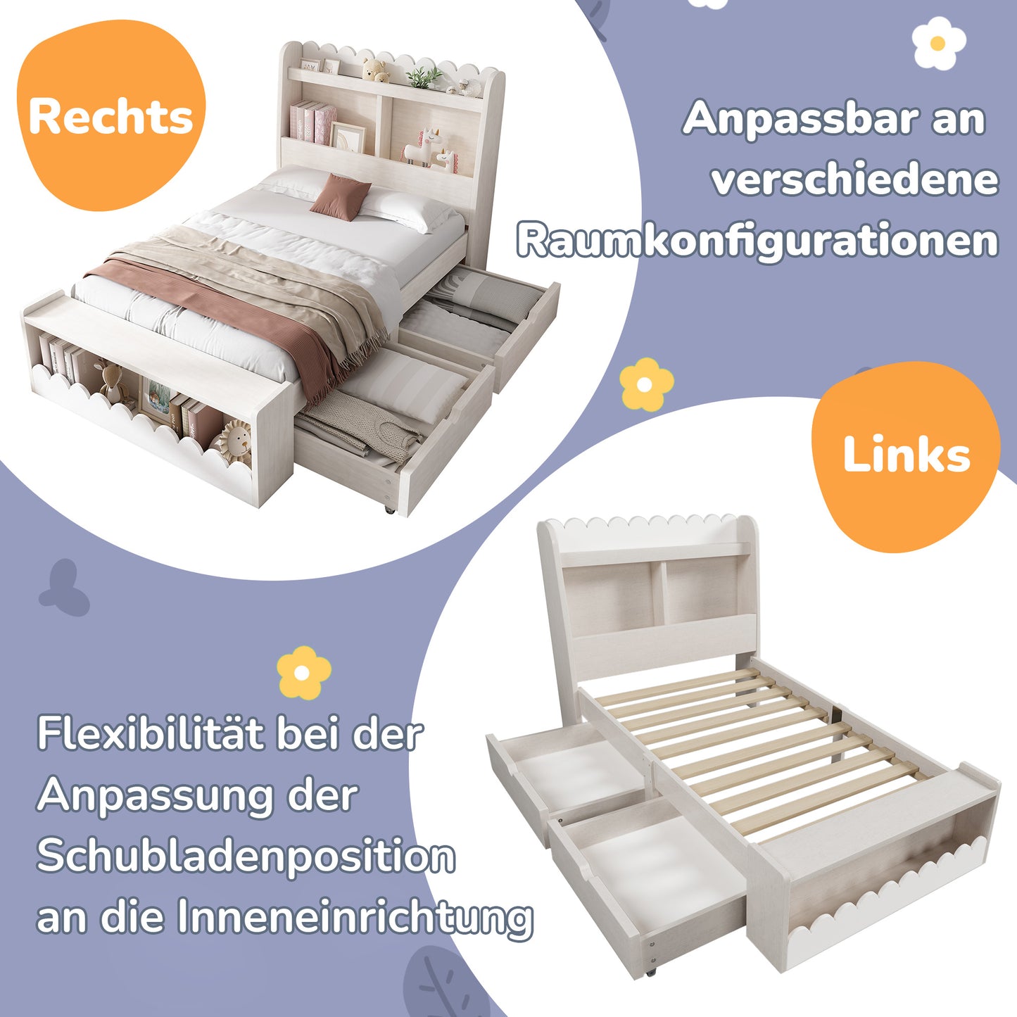 Kinderbett mit Schubladen, Regal & Sitzbank – 90x200 cm