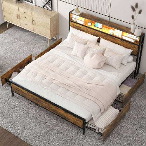 Metallbett 180x200 cm mit LED-Beleuchtung, USB-Ladestation & 4 Schubladen