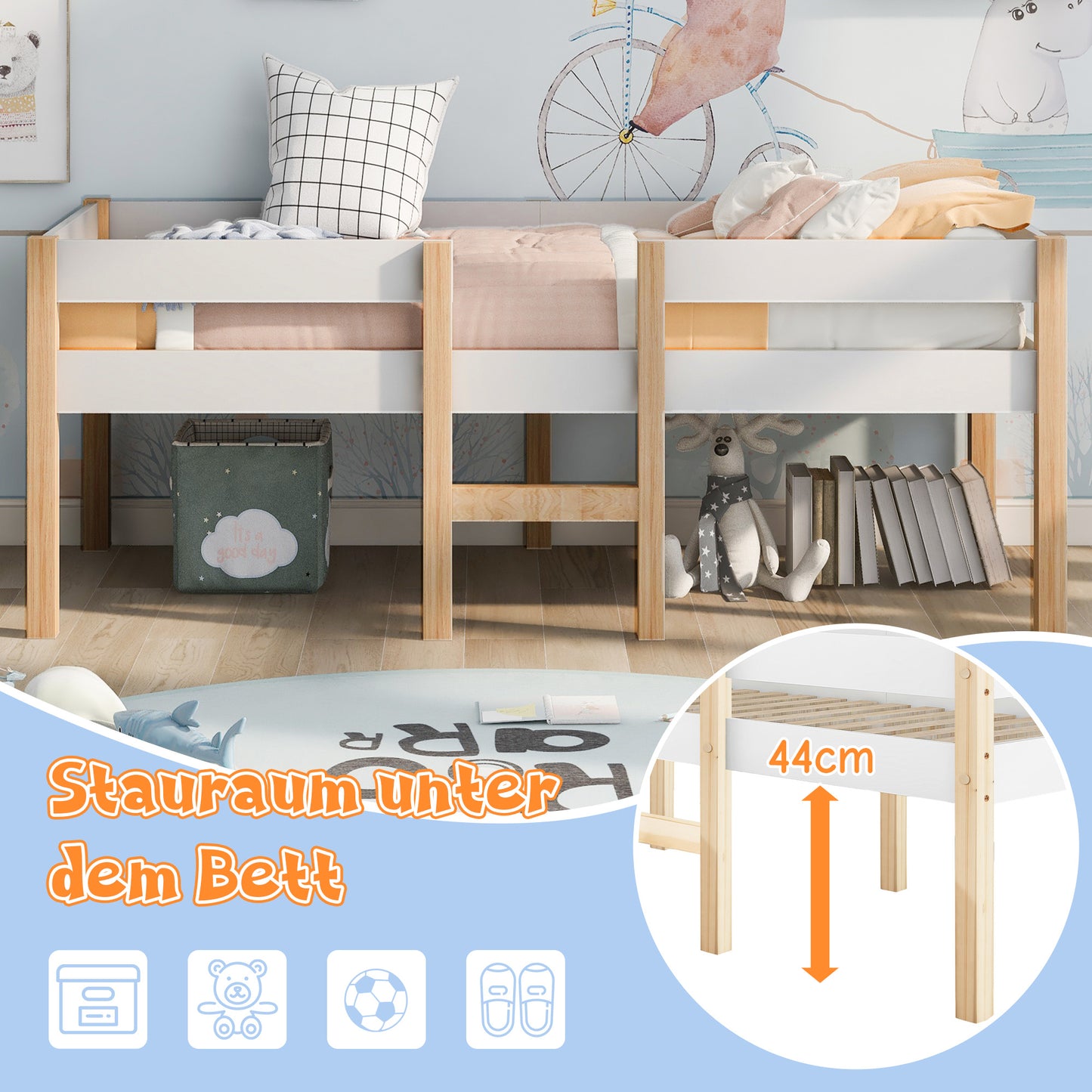 Kinderbett mit Schublade & Rausfallschutz – Massives Kiefernholz 90x200 cm – Weiß & Eiche – Praktisches Halbhochbett für mehr Stauraum