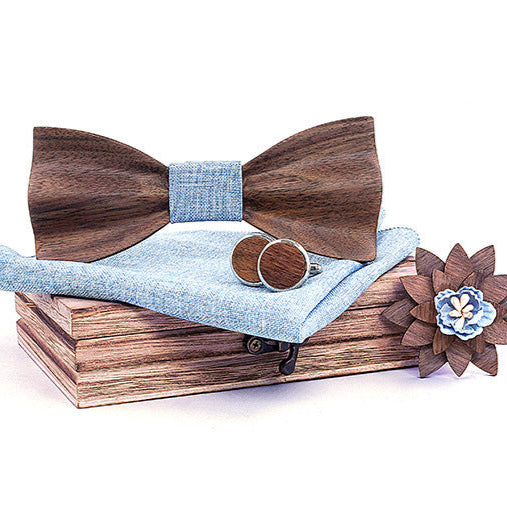 Elegante Holzfliege aus Nussbaum – Set mit Manschettenknöpfen, Einstecktuch, Ansteckblume