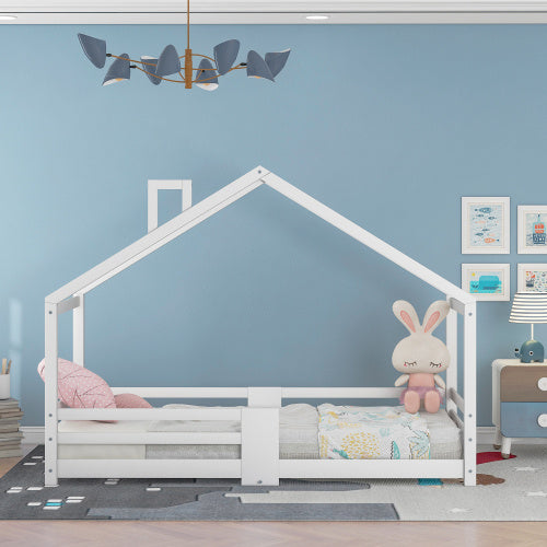 Kinderbett Hausbett mit Schornstein & Rausfallschutz – Massivholz Kiefer 90x200 cm