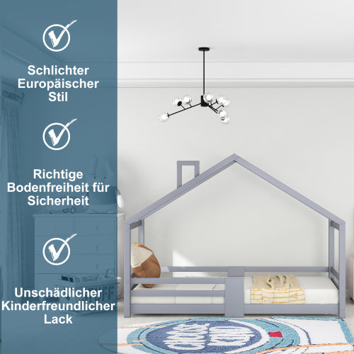 Kinderhausbett mit Schornstein, Rausfallschutz & robusten Lattenrosten – Massives Kiefernholz, 90 x 200 cm
