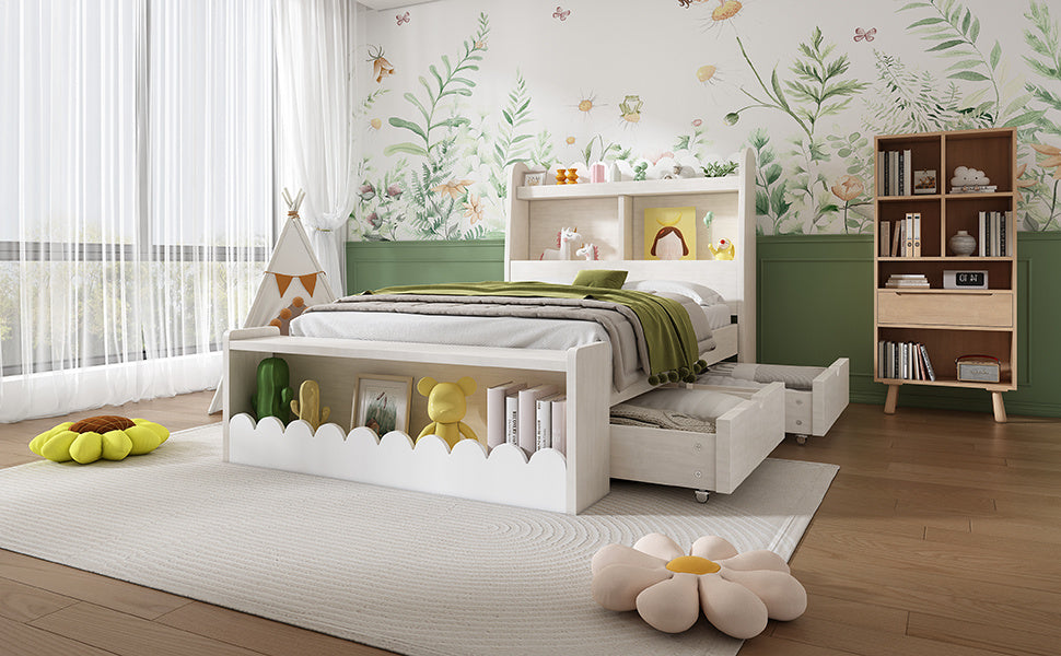 Kinderbett mit Schubladen, Regal & Sitzbank – 90x200 cm