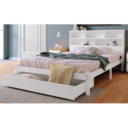 Massivholz Einzelbett 90x200 cm Weiß mit Bücherregal & Schubladen | Stauraumbett