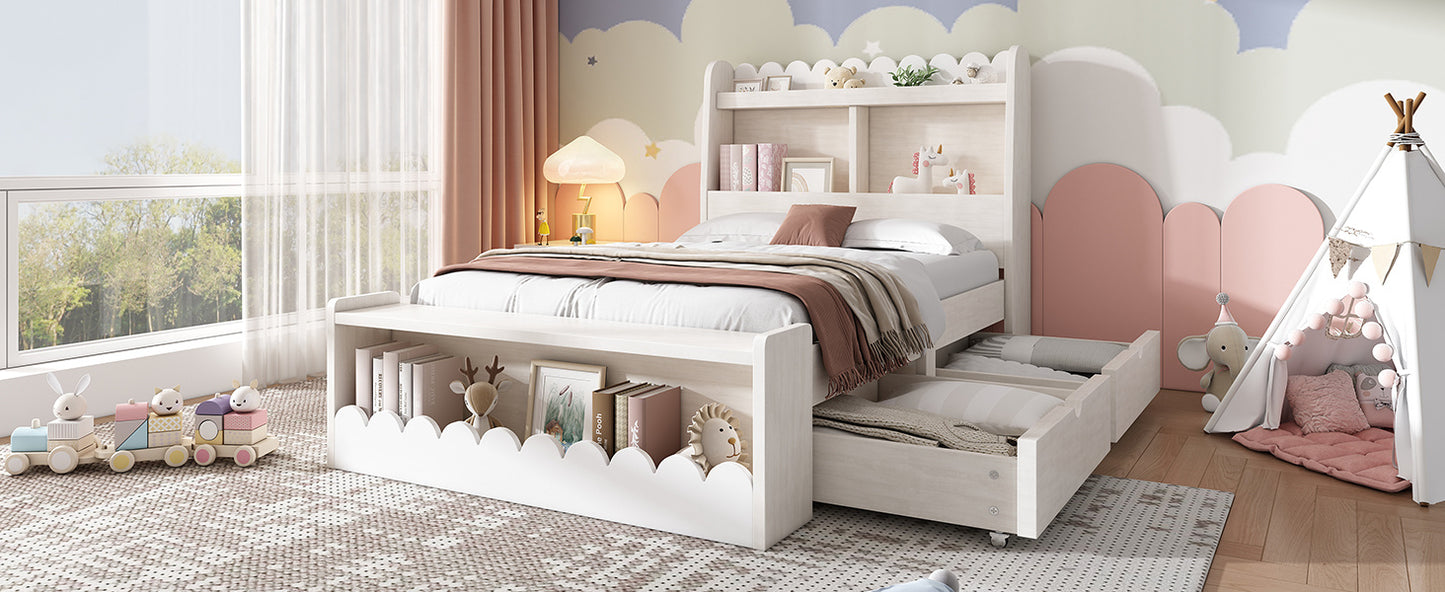 Kinderbett mit Schubladen, Regal & Sitzbank – 90x200 cm
