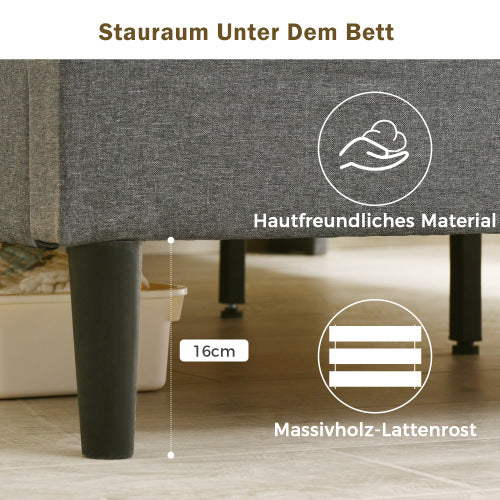 Polsterbett 160x200 cm mit Stauraum, LED-Beleuchtung, USB-Anschlüssen & Steckdosen – Grau
