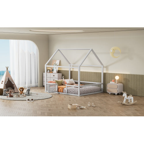 Hausbett 140x200 cm Massivholzbett  mit Tür – Doppelbett in Weiß