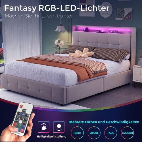 Doppelbett 140x200 cm mit USB-Ladekopfteil, LED-Beleuchtung, Ausziehbett und 2 Schubladen – Polsterbett mit Stauraum, Holzlattenrost, Beige