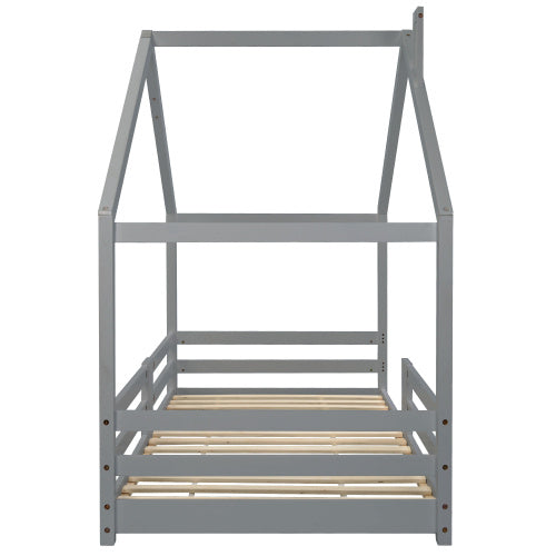 Kinderhausbett mit Schornstein, Rausfallschutz & robusten Lattenrosten – Massives Kiefernholz, 90 x 200 cm