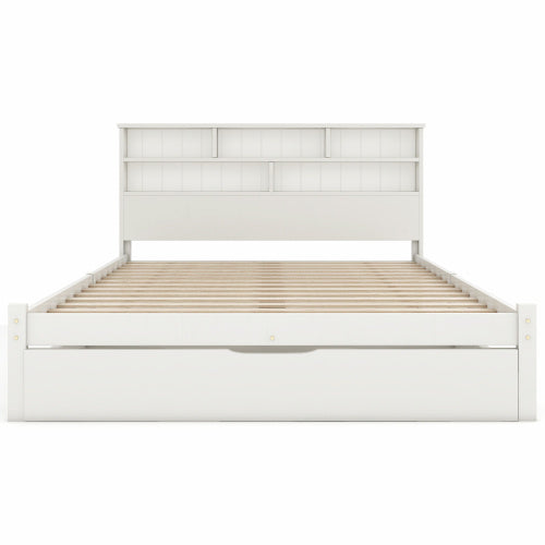 Massivholz Einzelbett 90x200 cm Weiß mit Bücherregal & Schubladen | Stauraumbett