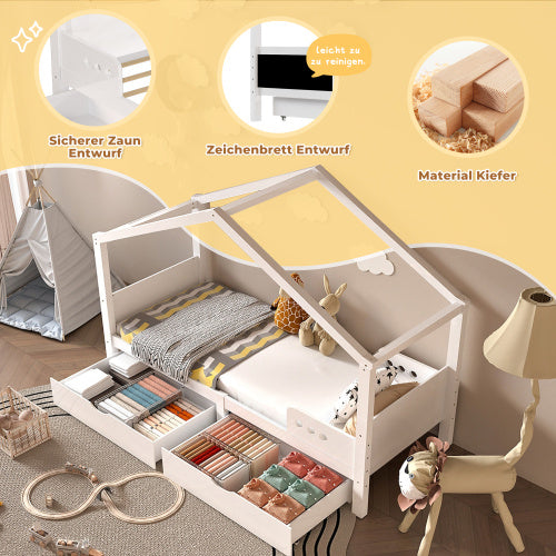 Kinderbett 90x200 cm aus Massivholz – mit Doppelschublade, Absturzsicherung und Lattenrost – Weiß